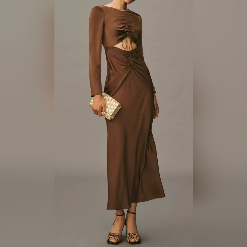 Bardot Daring Satin Long-Sleeve Maxi Dress, Cut-Out Front, Brown, Size 12